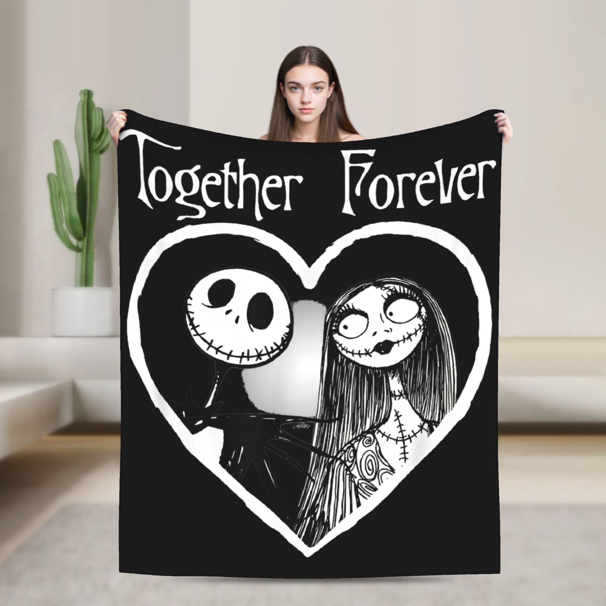 Christmas Throw Blanket - ジャック・スケリントン Together Forever ナイトメア・ビフォア・クリスマス ウールブランケット 面白いスローケット
