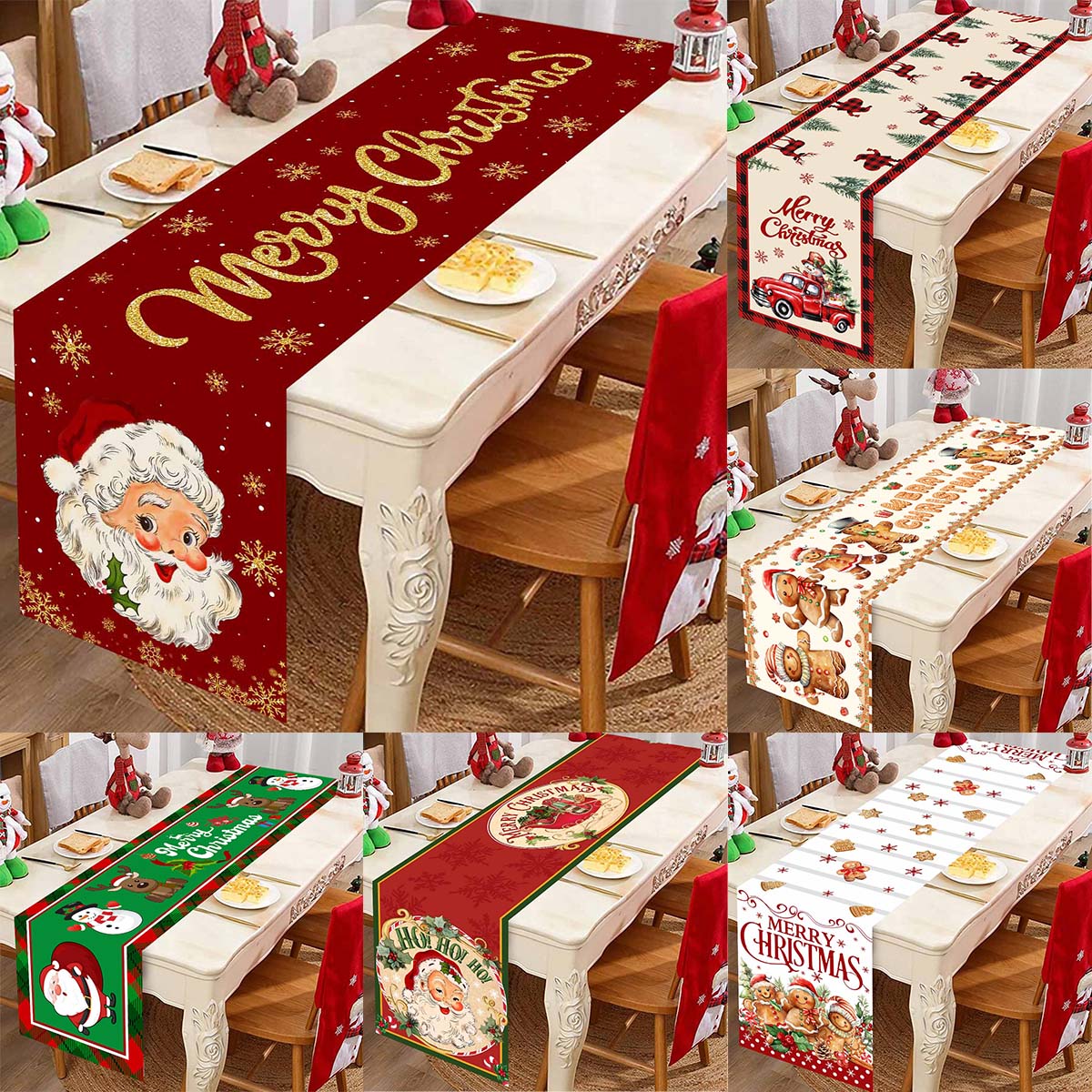 Christmas Table Runner - クリスマスサンタクロースポリエステルテーブルランナー、ドレッサースカーフの装飾、再利用可能なキッチンの装飾、ダイニングテーブルランナー