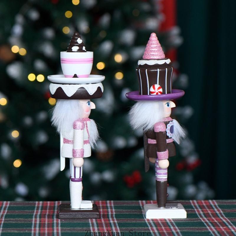 Nutcracker Figurine - クリスマス木製デザート風くるみ割り人形の置物装飾、10インチ卓上アクセント、棚用正方形ベース、コーヒー3XUF